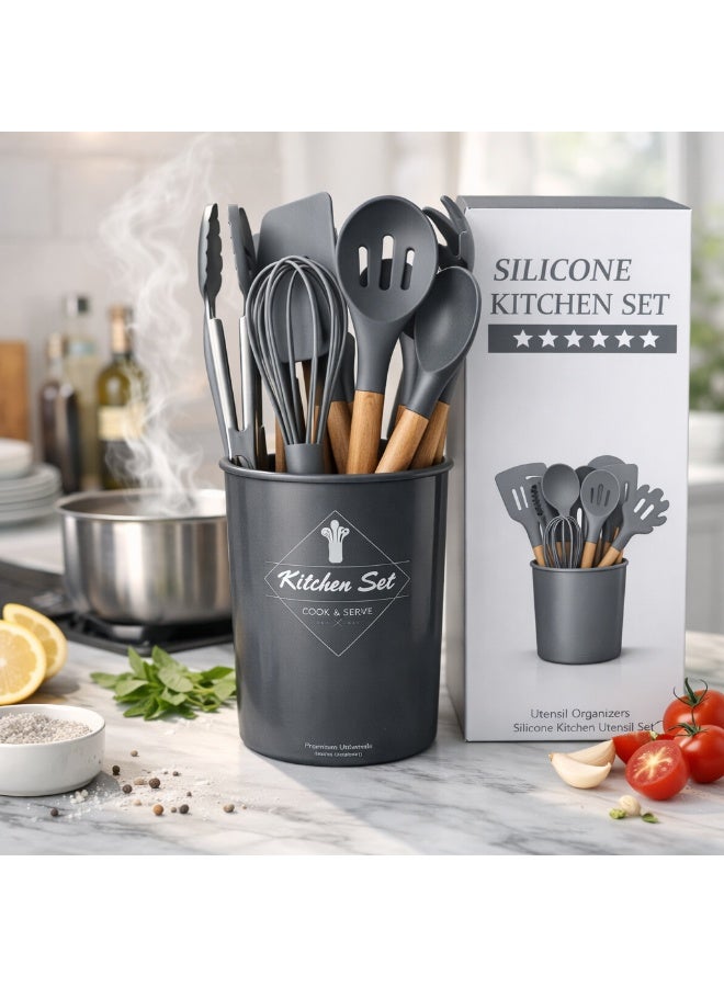 TaimAs Kitchen Utensil Set 12 Pieces Silicone Cooking Tools BPA-Free Heat Resistant Wooden Handle for Nonstick Cookware - Image 2